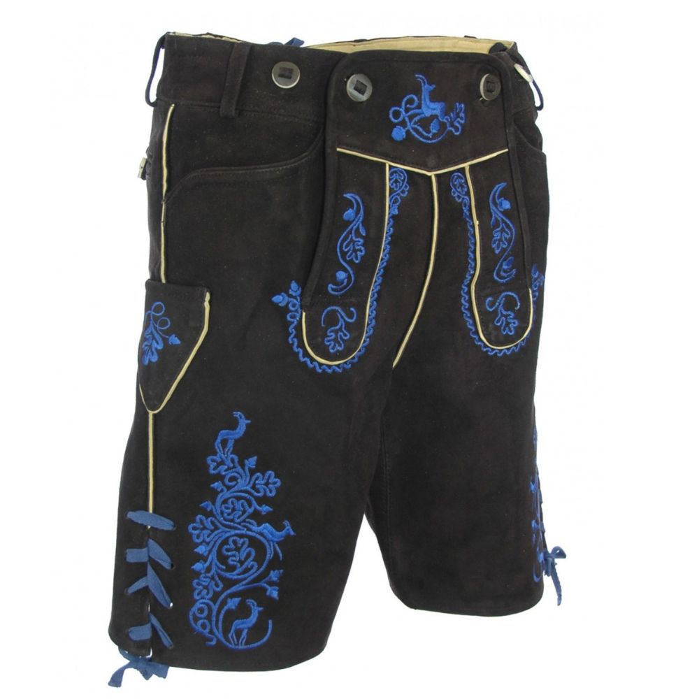 Authentic German Black Lederhosen Blue Embroidered